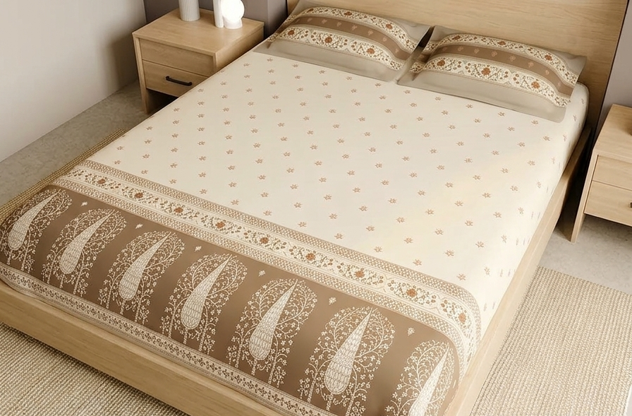 AtoZ Home Decor Rangana King Size Bedsheet Set | Brown Tree & Floral Border Print | 274x274 cm
