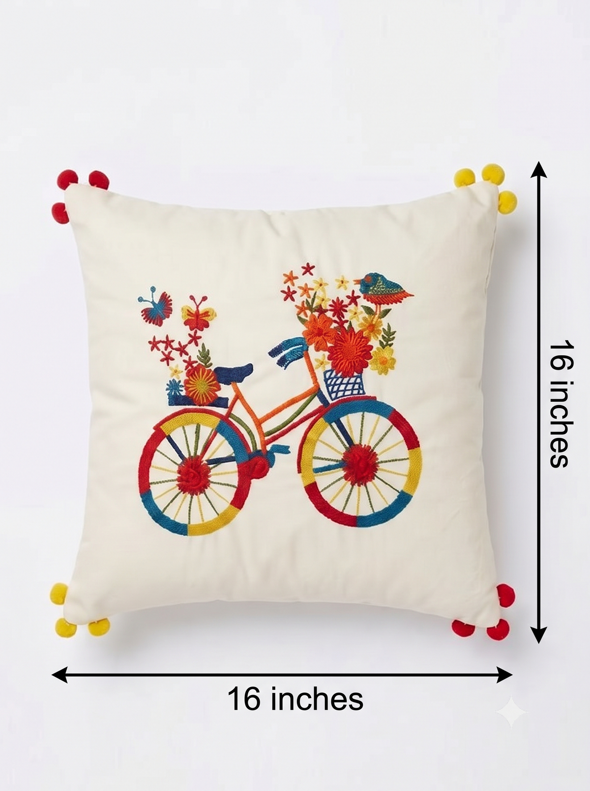 Embroidered Floral Bicycle Cushion Covers with Pom-Pom Edges Pack of 5 (16" x 16")