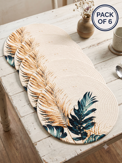 Atoz Home Decor Jute & Cotton Braided Anti-Skid Printed Round Dining Table Mats (14" x 14") – Pack of 6 Heat-Resistant Washable Placemats