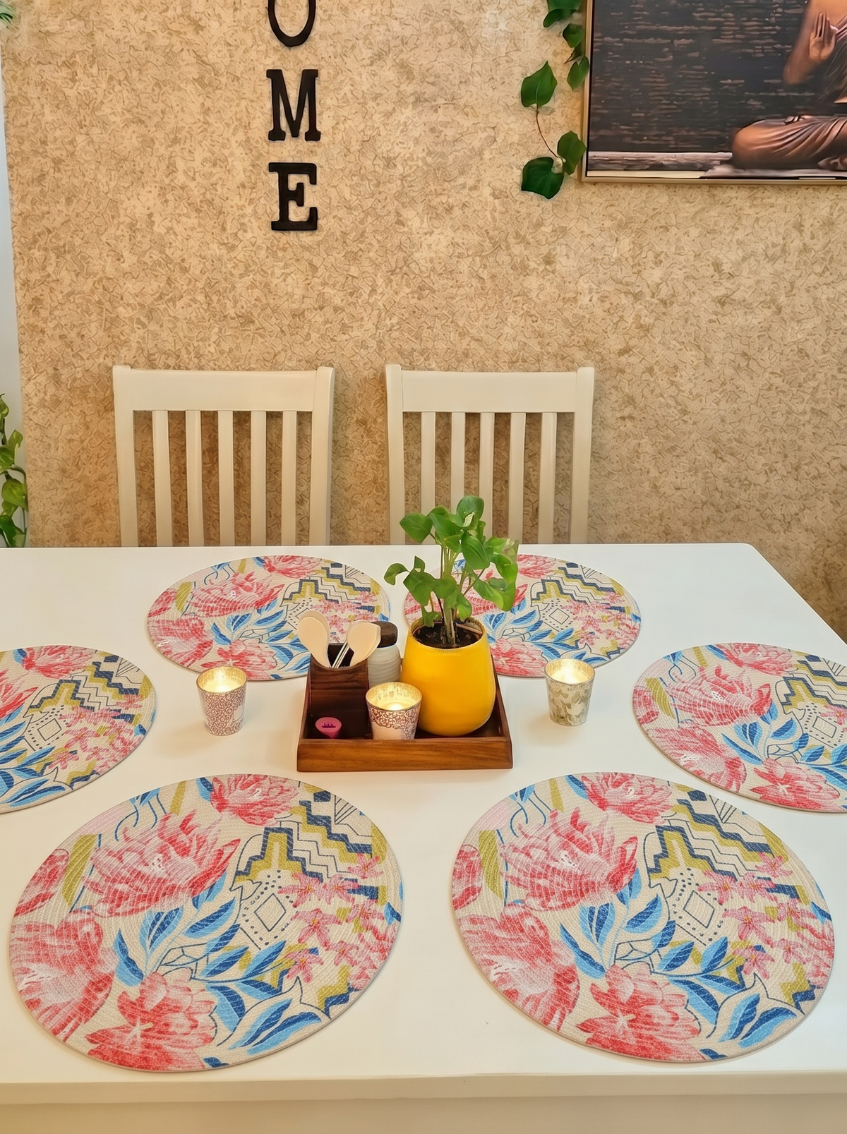 Atoz Home Decor Jute & Cotton Braided Anti-Skid Printed Round Dining Table Mats (14" x 14") – Pack of 6 Heat-Resistant Washable Placemats