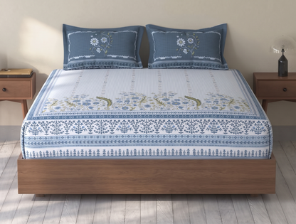 SPACES Rio Light Blue Floral 100% Cotton Double Bedsheet Set with 2 Pillow Covers