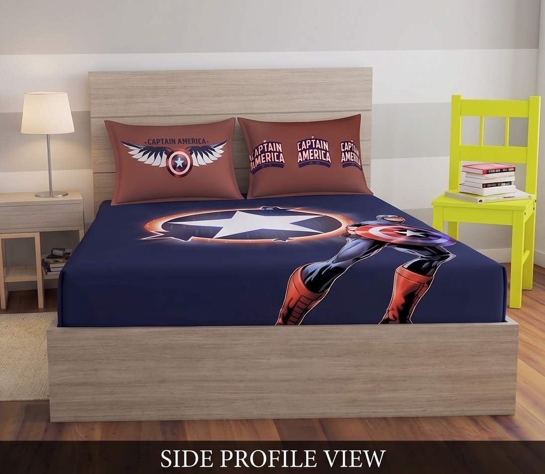 SPACES Marvel Avengers Captain America Cotton King Bedsheet Set with Pillow Covers – HD Digitally Printed
