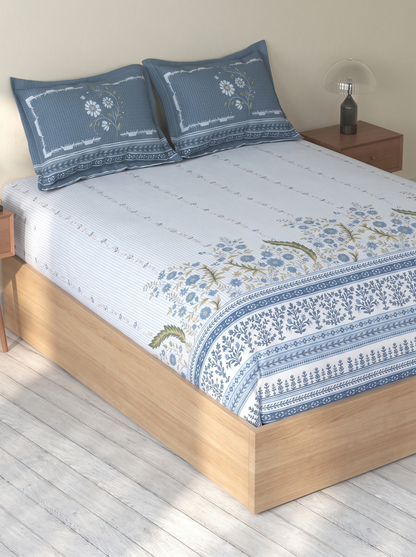 SPACES Rio Light Blue Floral 100% Cotton Double Bedsheet Set with 2 Pillow Covers