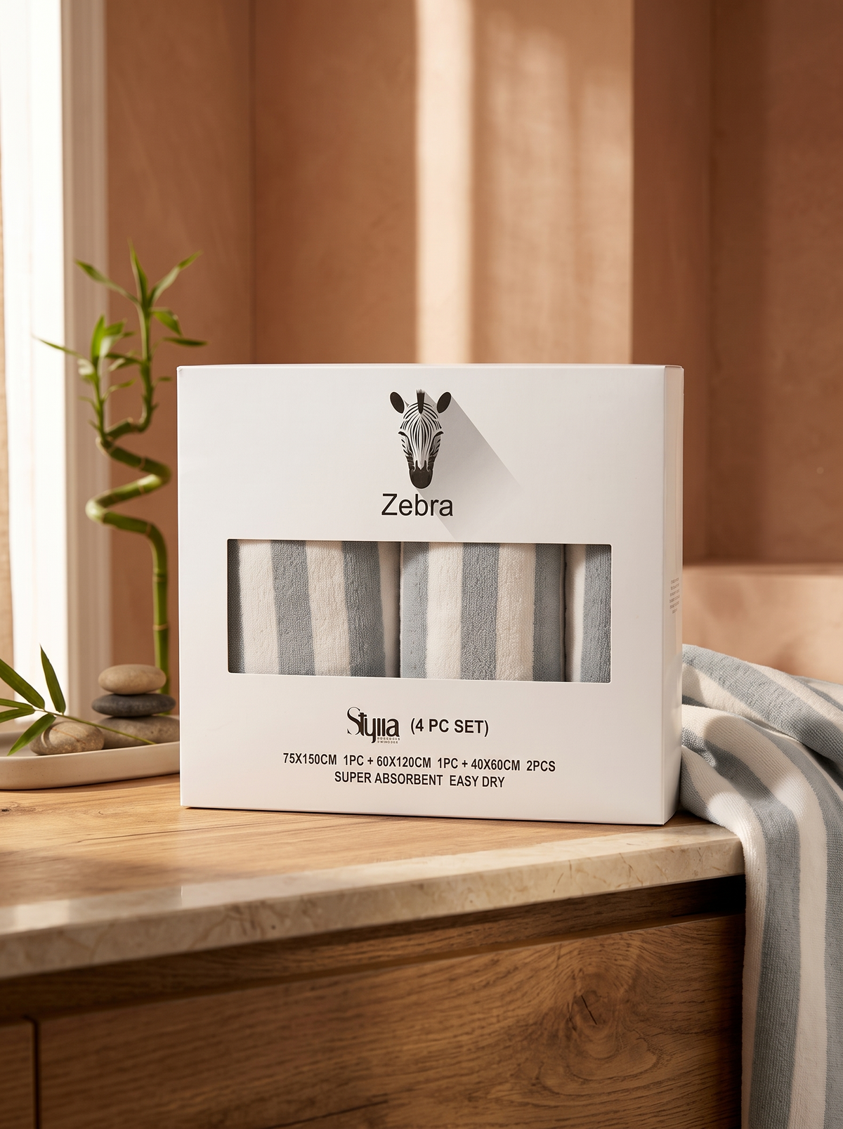 Stylla Zebra 4-Piece Striped Towel Set – Super Absorbent & Easy Dry
