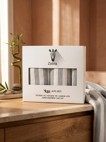 Stylla Zebra 4-Piece Striped Towel Set – Super Absorbent & Easy Dry