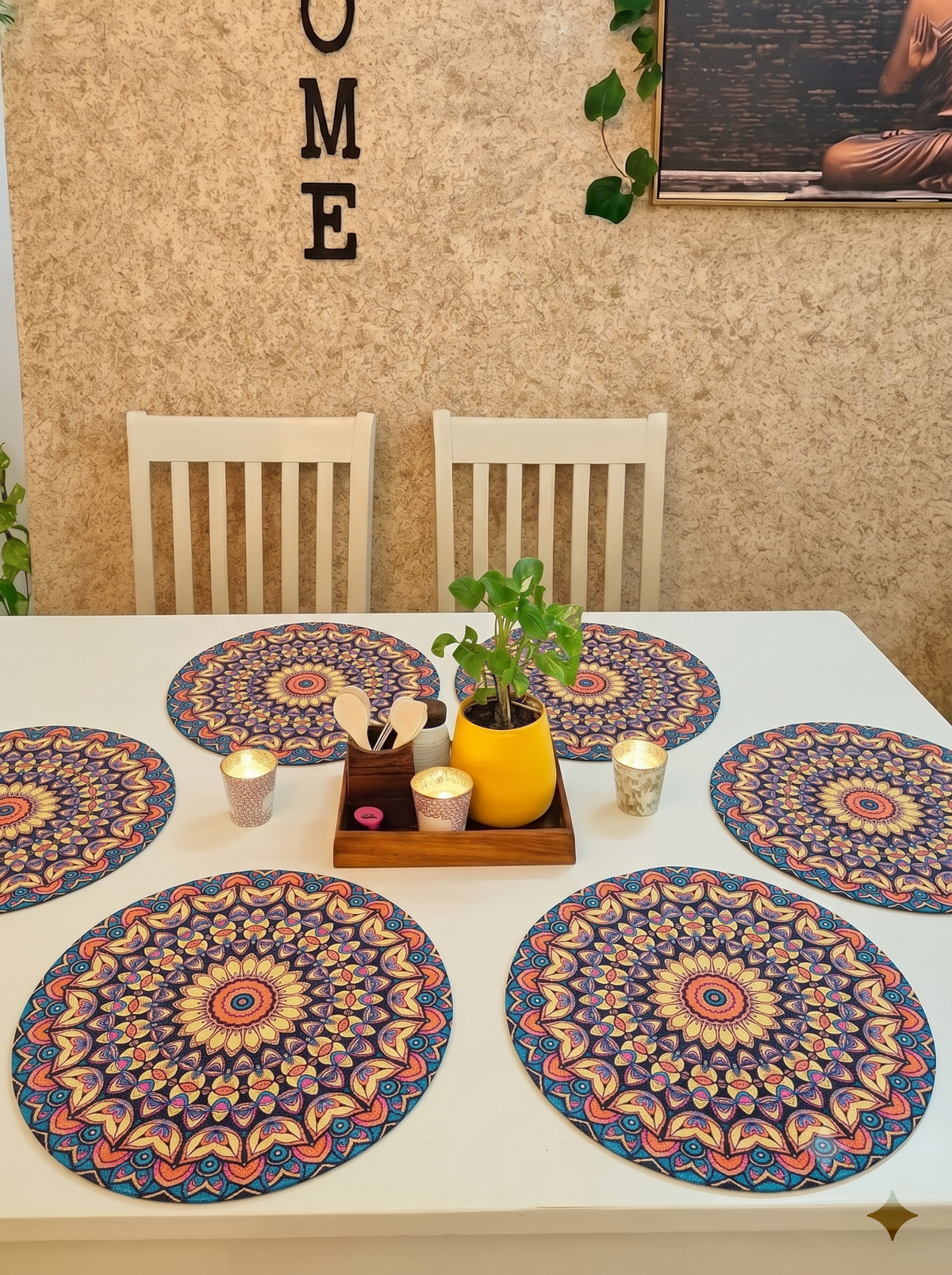 Atoz Home Decor Jute & Cotton Braided Anti-Skid Printed Round Dining Table Mats (14" x 14") – Pack of 6 Heat-Resistant Washable Placemats