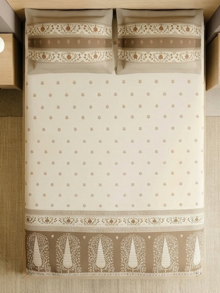 AtoZ Home Decor Rangana King Size Bedsheet Set | Brown Tree & Floral Border Print | 274x274 cm