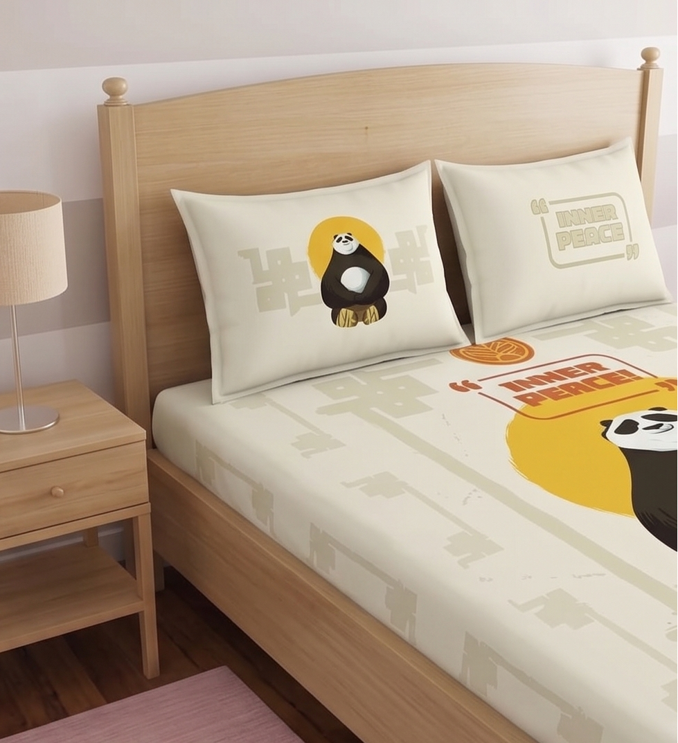 SPACES Kung Fu Panda 100% Cotton King Bedsheet Set Inner Peace