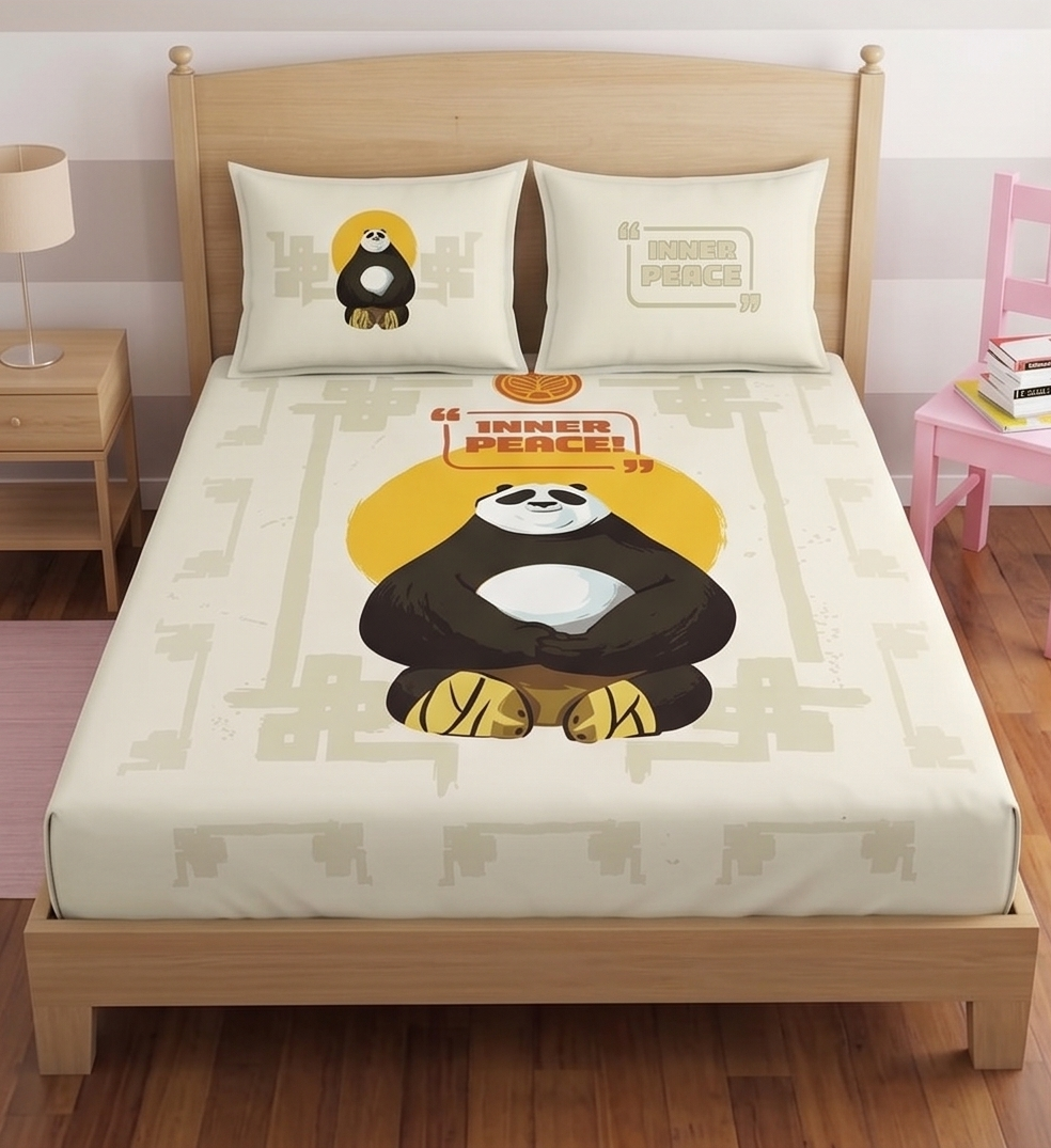 SPACES Kung Fu Panda 100% Cotton King Bedsheet Set Inner Peace