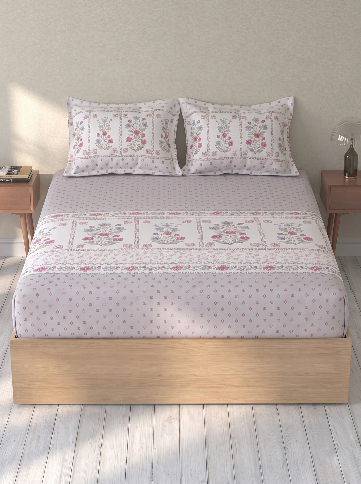 SPACES Calm Living Rio Grey Floral 100% Cotton Double Bedsheet Set with 2 Pillow Covers