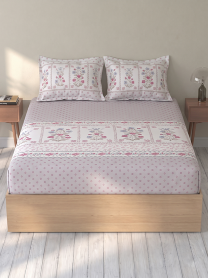 SPACES Calm Living Rio Grey Floral 100% Cotton Double Bedsheet Set with 2 Pillow Covers