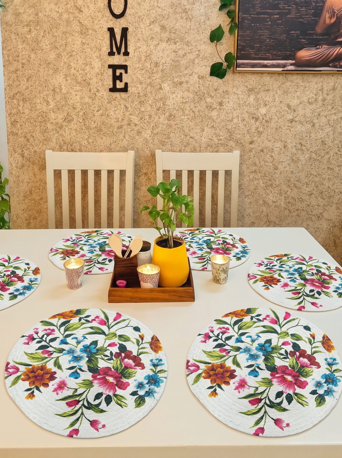 Atoz Home Decor Jute & Cotton Braided Anti-Skid Printed Round Dining Table Mats (14" x 14") – Pack of 6 Heat-Resistant Washable Placemats