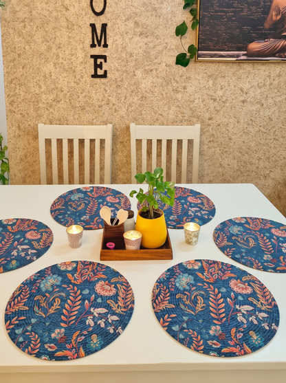 Atoz Home Decor Jute & Cotton Braided Anti-Skid Printed Round Dining Table Mats (14" x 14") – Pack of 6 Heat-Resistant Washable Placemats