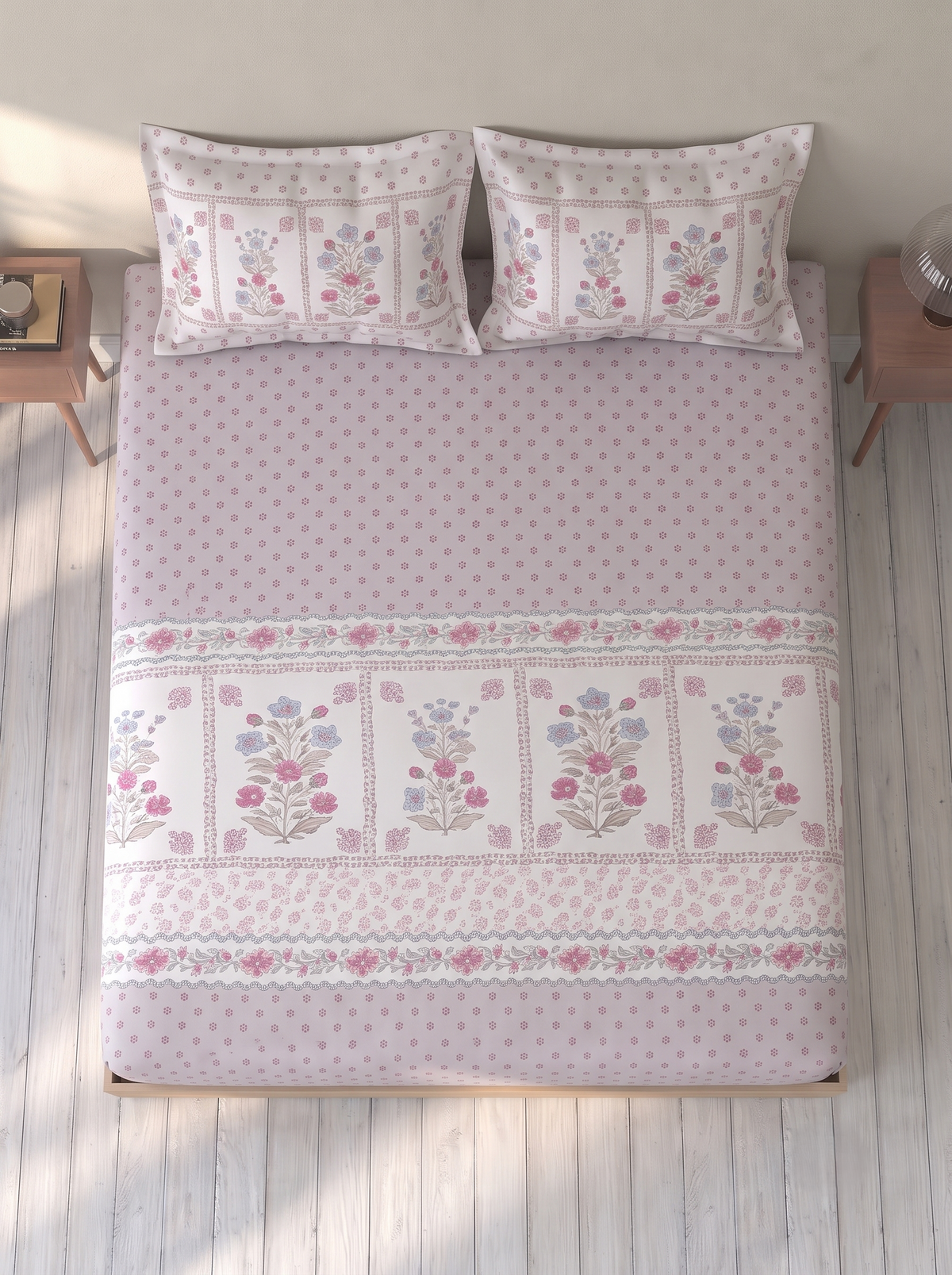 SPACES Calm Living Rio Grey Floral 100% Cotton Double Bedsheet Set with 2 Pillow Covers