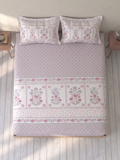 SPACES Calm Living Rio Grey Floral 100% Cotton Double Bedsheet Set with 2 Pillow Covers