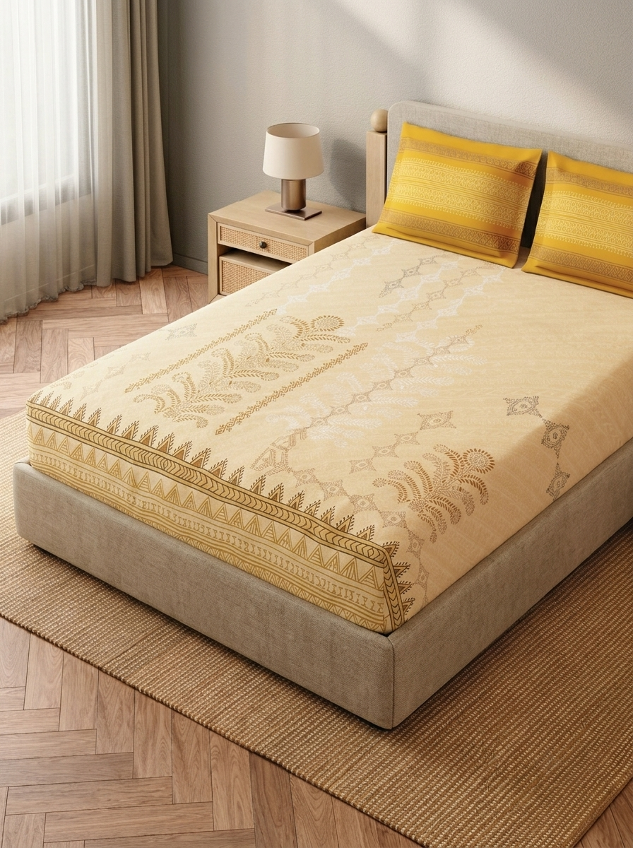 Spaces King Size Bedsheet Set | Yellow Ethnic Print | 274x274 cm