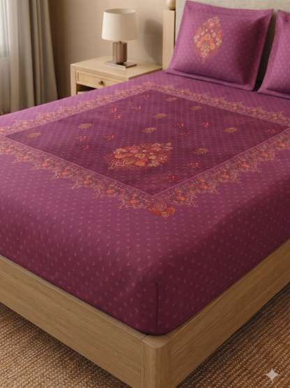 Spaces King Size Bedsheet Set | Magenta Floral Print | 274x274 cm