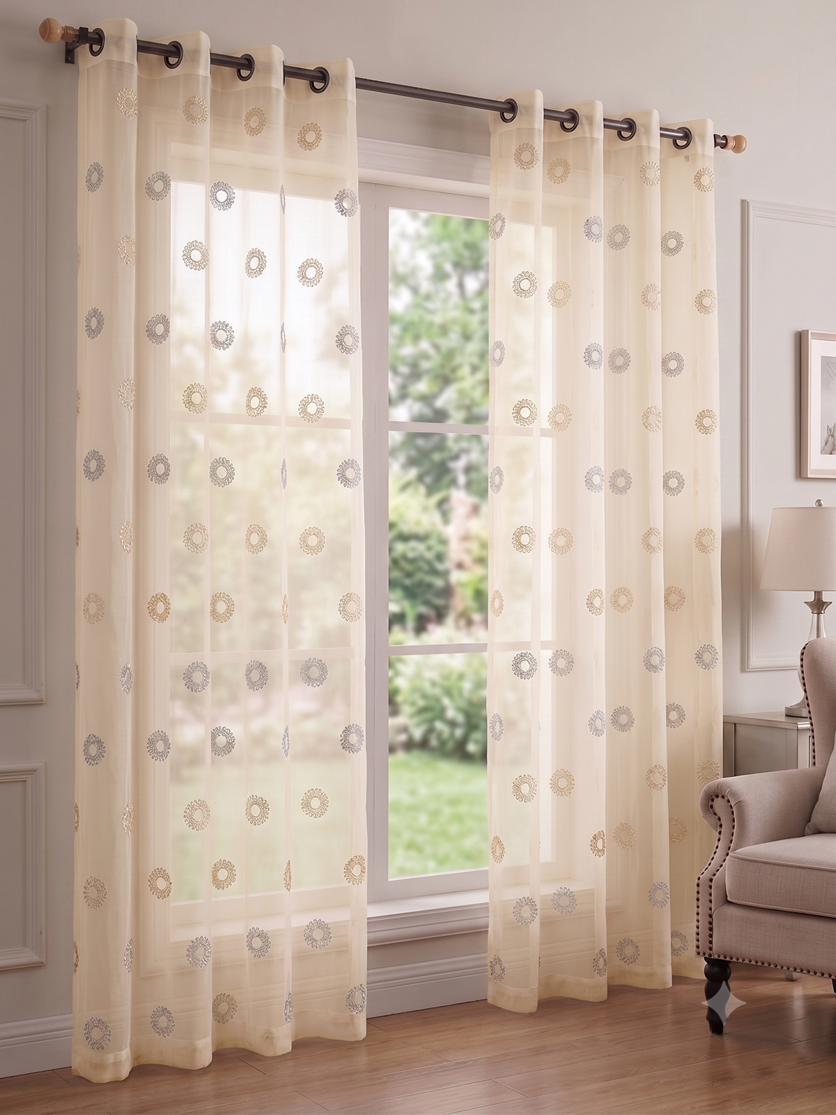 Evabella Elegant Circular Embroidery Sheer Grommet Curtains | 6 colors and 3 lengths