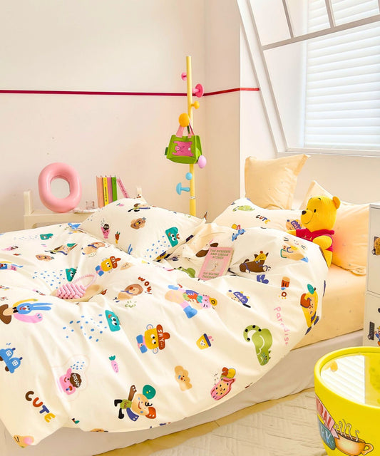 Kawaii Paradise Theme Kids Cotton Bedsheet Set (Cream)