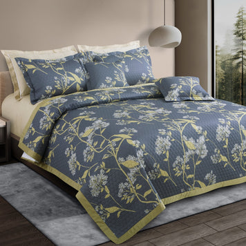 Quilted Printed Bed Cocver Set – Grey & Yellow Botanic King Size 5 Piece Set