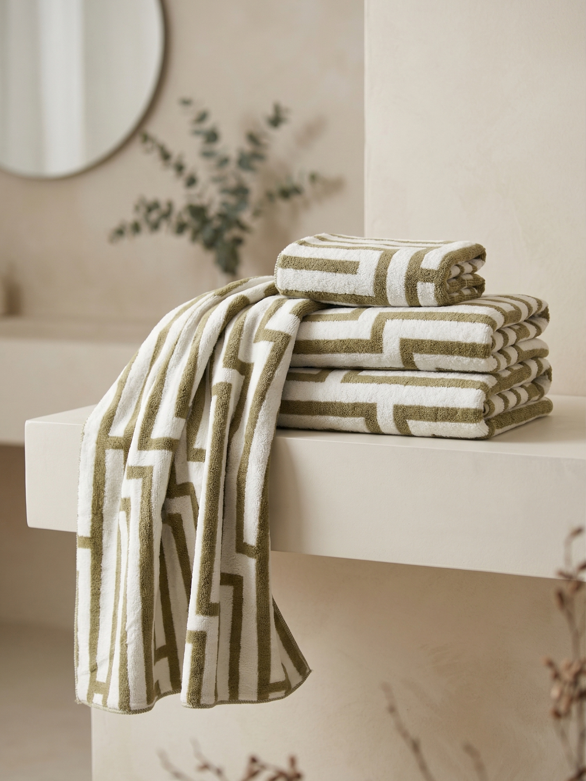 Stylla Moss 4-Piece Geometric Towel Set – Super Absorbent & Easy Dry