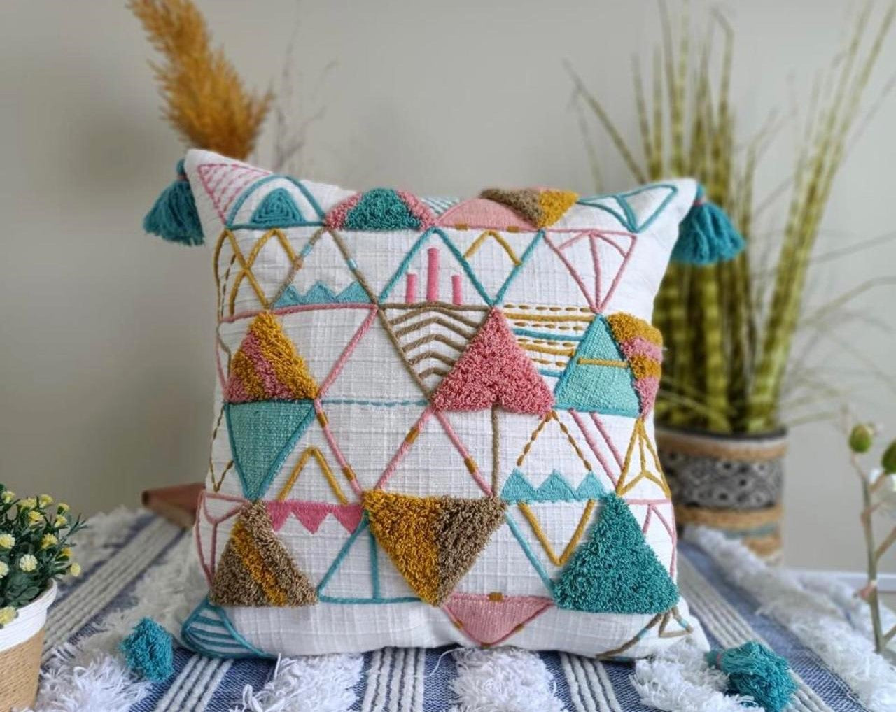 Multicolor Geometric Embroidered Cushion Covers – Set of 2 | 18x18 Inch Cotton with Tassels