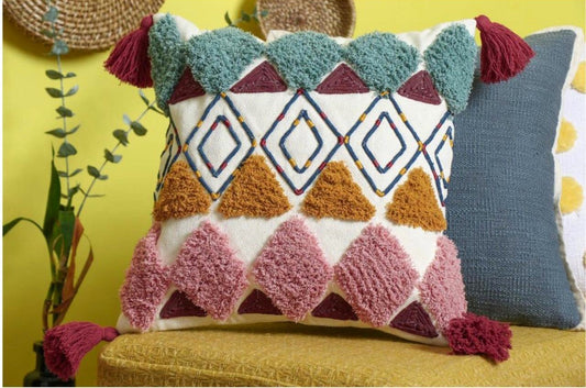 Multicolor Tufted Geometric Cushion Covers with Tassels – Set of 2