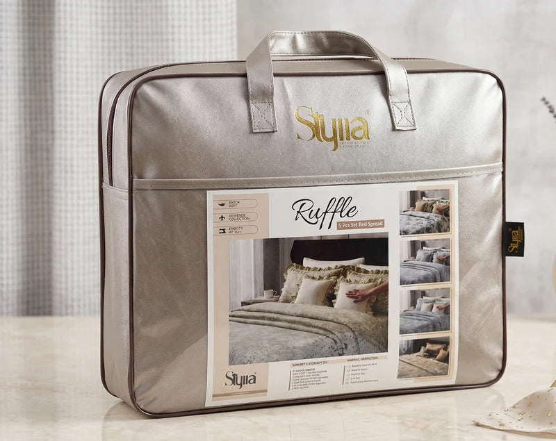 Stylla Premium 5-Piece Ruffle Bedsheet & Bedspread Set – Vintage Floral Print with Accent Cushions