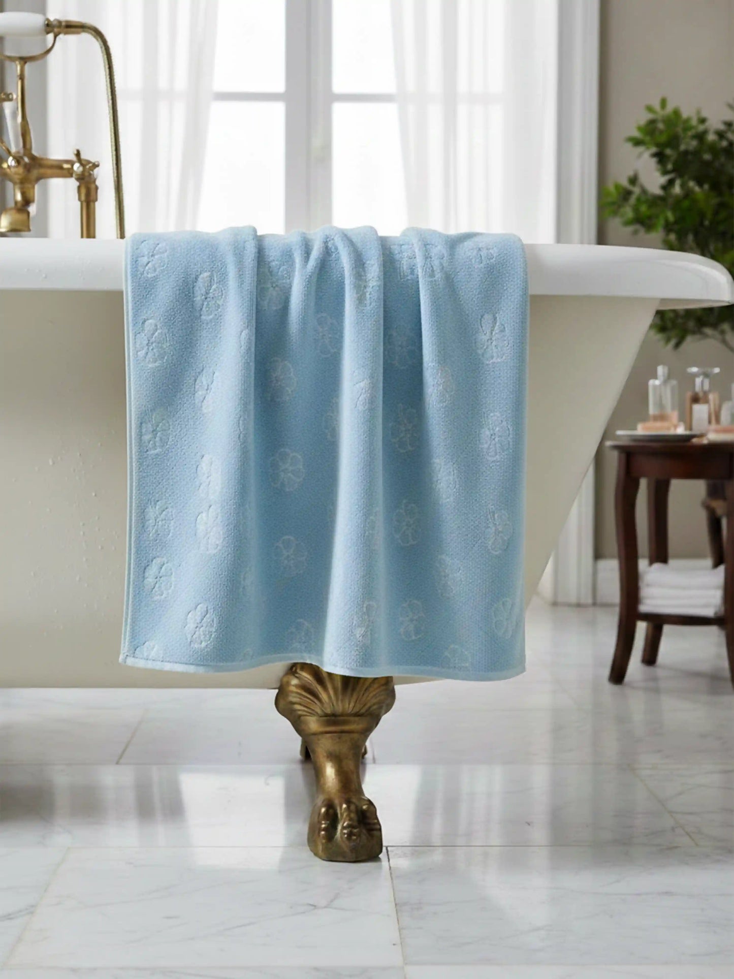 Plush Comfort, Floral Embossed Terry Weave Bath Towel with Quick-Dry Performance – 100% Cotton