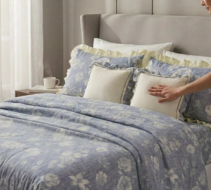 Stylla Premium 5-Piece Ruffle Bedsheet & Bedspread Set – Vintage Floral Print with Accent Cushions