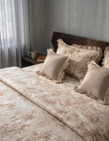 Stylla Premium 5-Piece Ruffle Bedsheet & Bedspread Set – Vintage Floral Print with Accent Cushions
