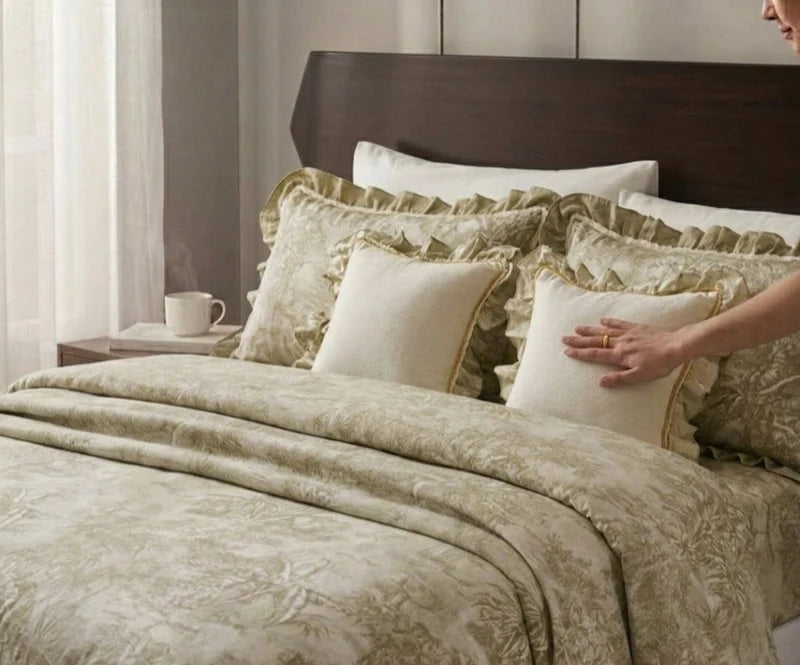 Stylla Premium 5-Piece Ruffle Bedsheet & Bedspread Set – Vintage Floral Print with Accent Cushions
