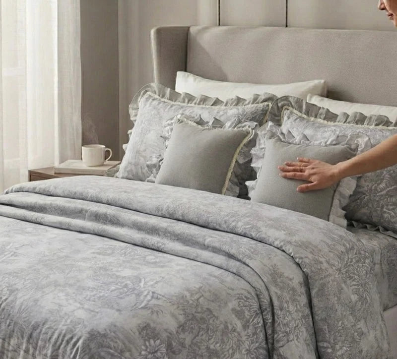Stylla Premium 5-Piece Ruffle Bedsheet & Bedspread Set – Vintage Floral Print with Accent Cushions