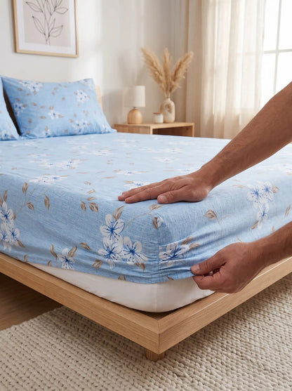 Soft Feel Light-Blue Floral Cotton King Bedsheet Set