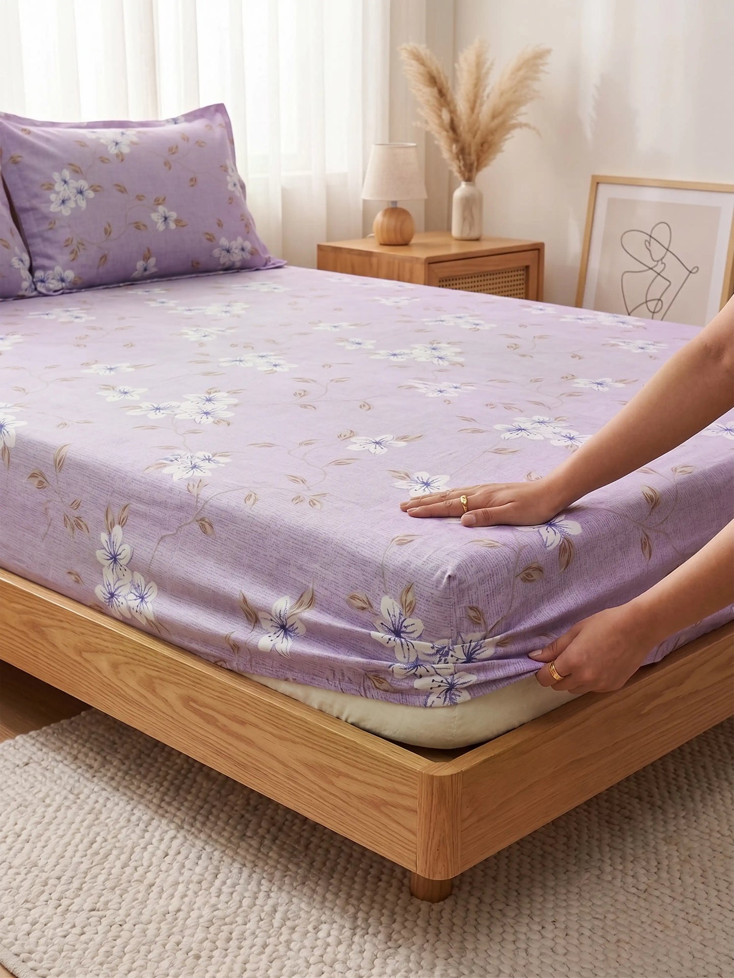 Soft Feel Light-Lavender Floral Cotton King Bedsheet Set