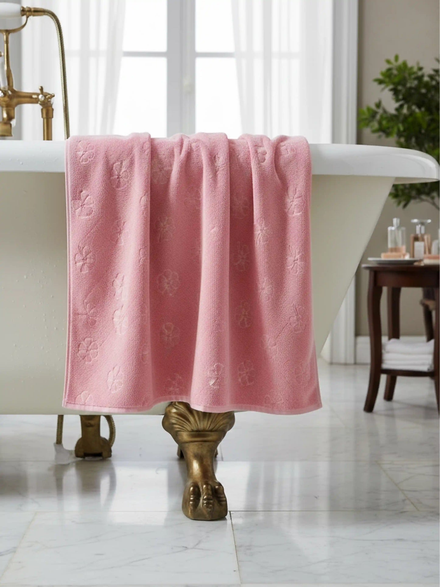 Plush Comfort, Floral Embossed Terry Weave Bath Towel with Quick-Dry Performance – 100% Cotton