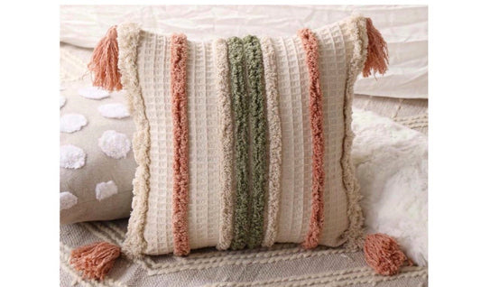 Striped Cushion Cover with Tassels – Blush & Sage, 18x18