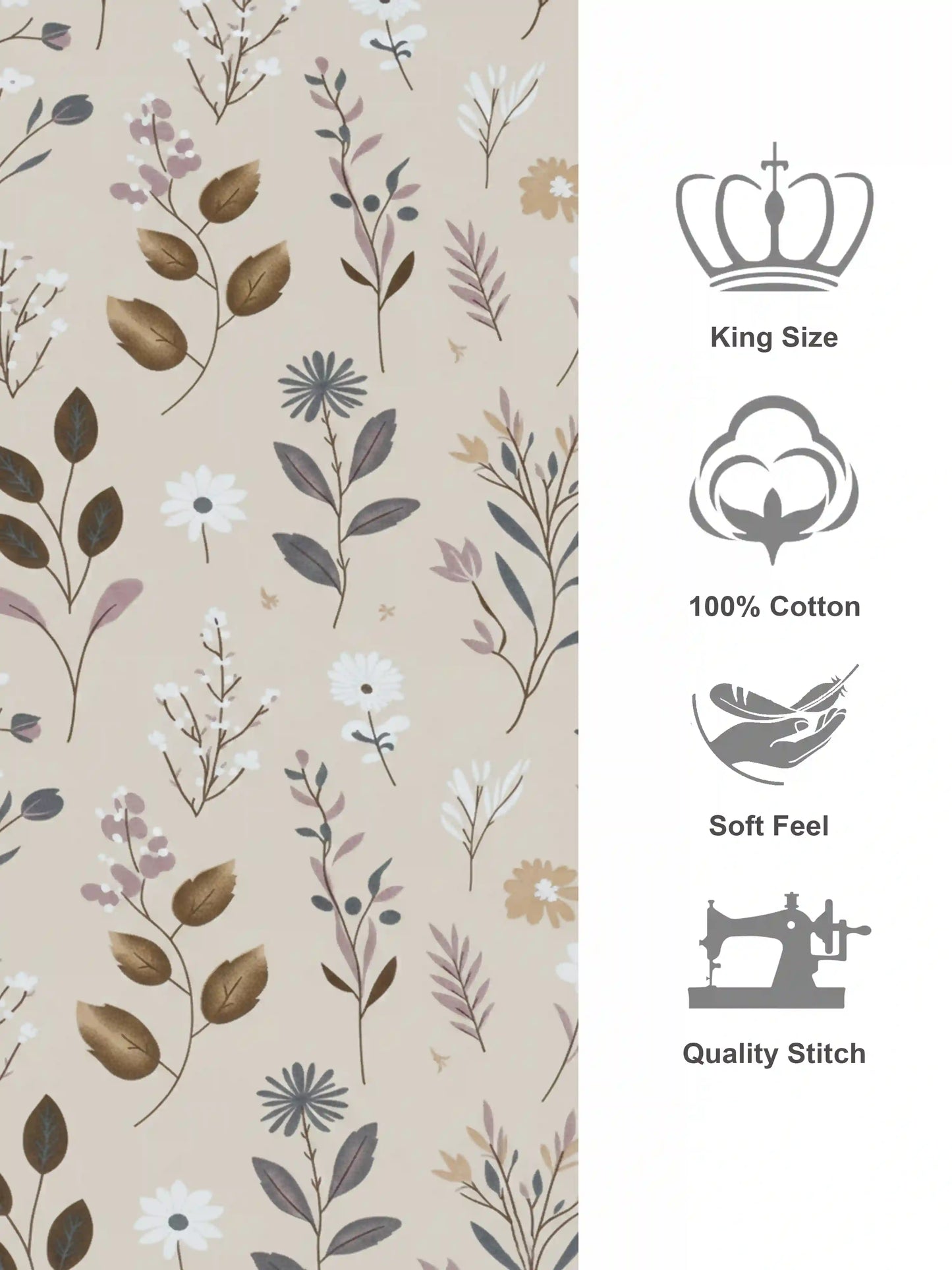 Soft Feel Cream Botanical Cotton King Bedsheet Set