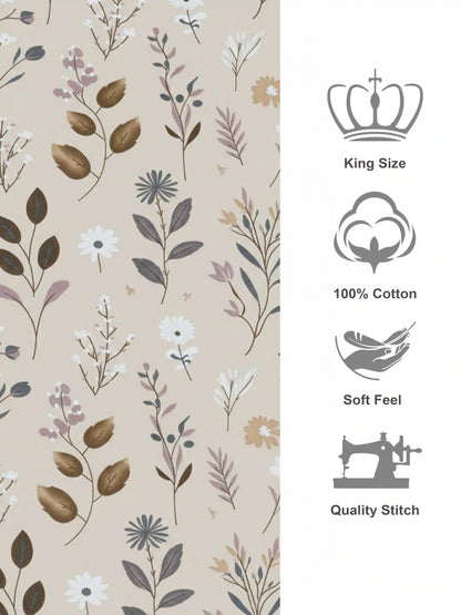 Soft Feel Cream Botanical Cotton King Bedsheet Set