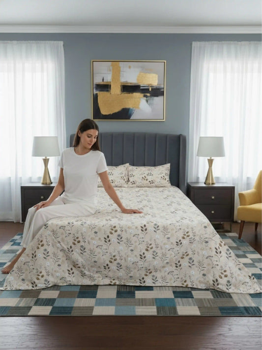 Soft Feel Cream Botanical Cotton King Bedsheet Set
