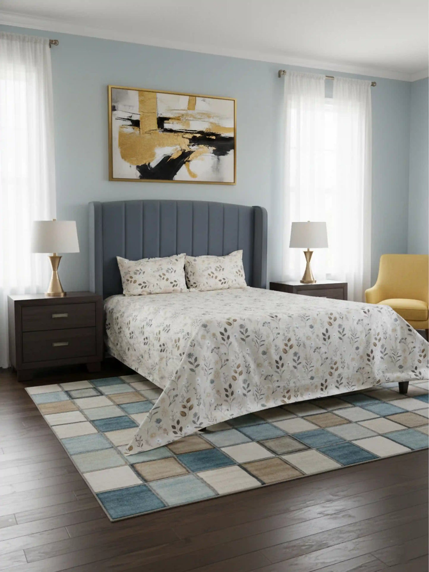 Soft Feel Cream Botanical Cotton King Bedsheet Set