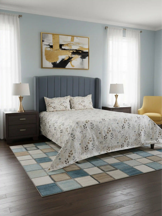 Soft Feel Cream Botanical Cotton King Bedsheet Set
