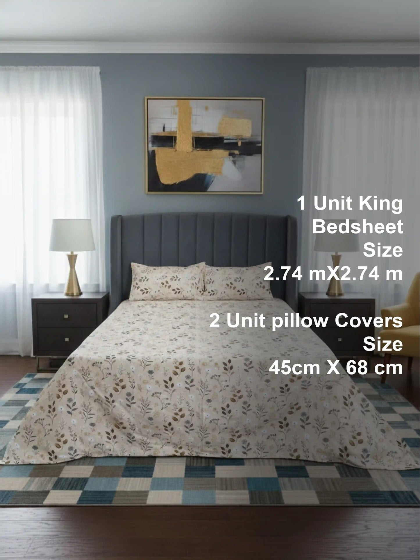 Soft Feel Cream Botanical Cotton King Bedsheet Set