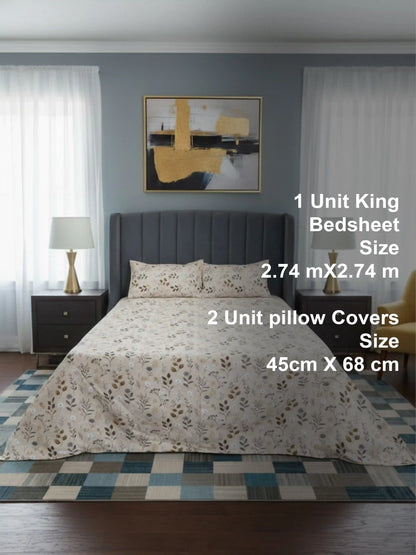 Soft Feel Cream Botanical Cotton King Bedsheet Set