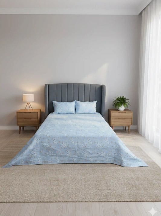 Soft Feel Light-Blue Floral Cotton King Bedsheet Set