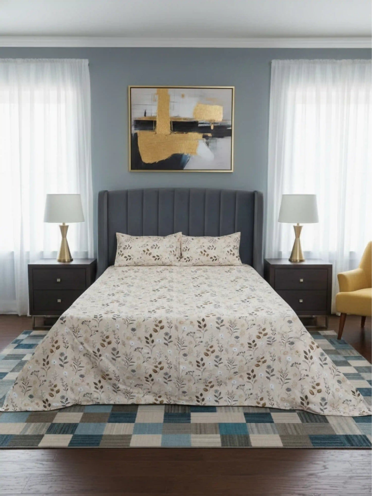 Soft Feel Cream Botanical Cotton King Bedsheet Set