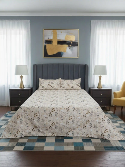 Soft Feel Cream Botanical Cotton King Bedsheet Set