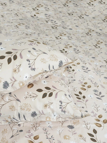 Soft Feel Cream Botanical Cotton King Bedsheet Set