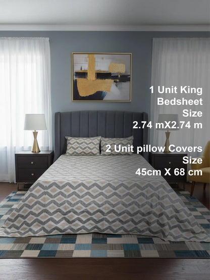 Soft Feel Grey-Beige Geometric Cotton King Bedsheet Set
