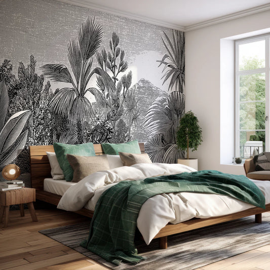 AtoZ Home Decor Tropical Black & White Vintage Etched Wall Mural Wallpaper - Custom & Standard Sizes